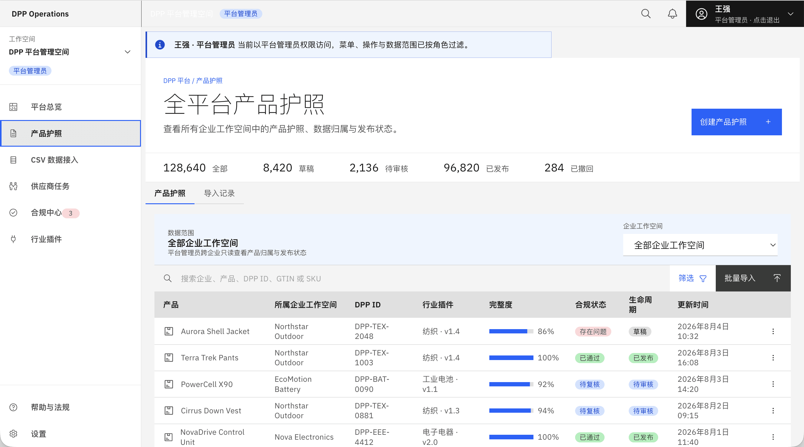 全平台产品护照列表:按企业工作空间、行业插件、完整度与合规状态检索