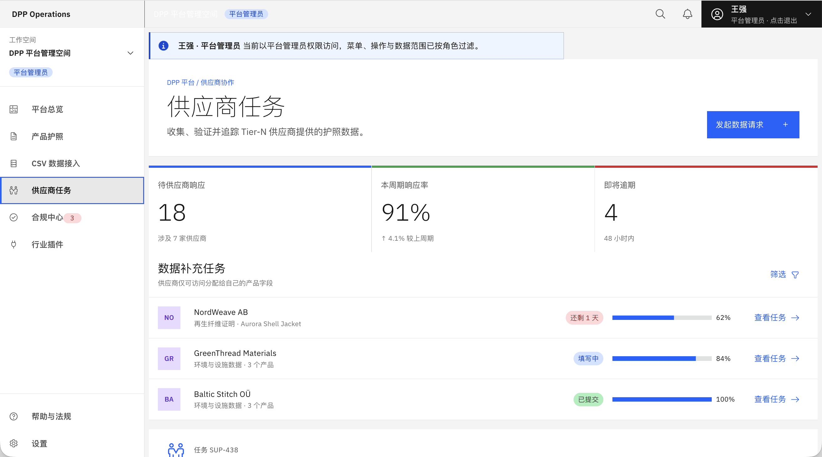供应商任务:向 Tier-N 供应商定向索取护照数据,跟踪响应率与逾期